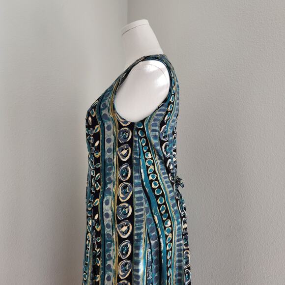 Vintage 90s Abstract Blue Green Sleeveless Midi Dress Criss Cross Neckline 12 - Picture 7 of 14